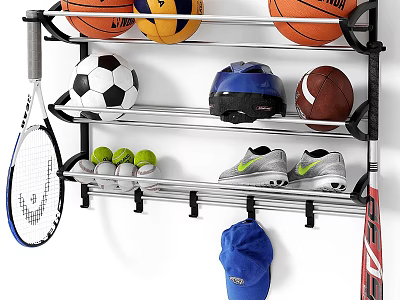 Sports Equipment Wall Mounted Storage Rack With Basketball Volleyball Soccer Football Helmet Tennis Racket Shoes 3d model