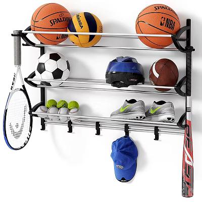 Sports Equipment Wall Mounted Storage Rack With Basketball Volleyball Soccer Football Helmet Tennis Racket Shoes 3d model