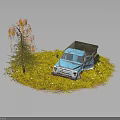Light Blue Vintage Truck And Orange Leaf Tree In Grass With White Flowers