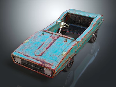 Vintage Rusted Turquoise Open Top Toy Car With Steering Wheel 3d model