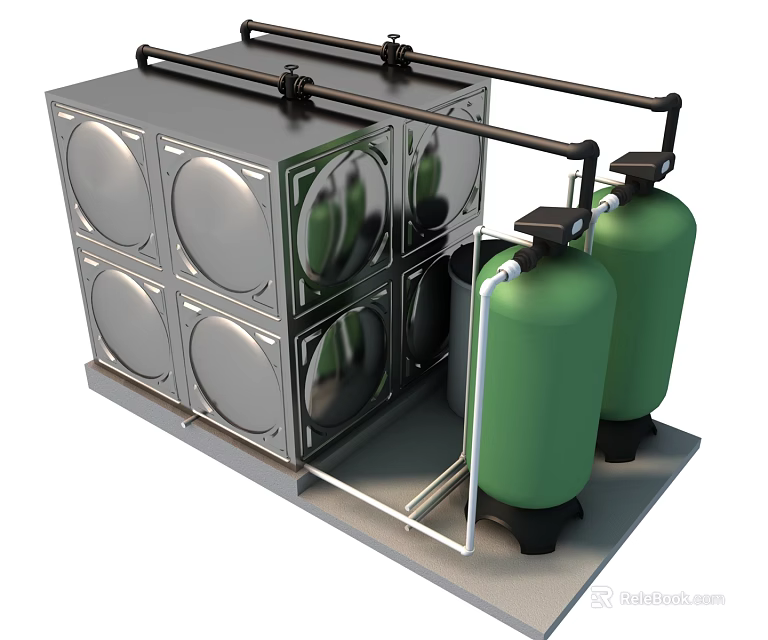 Public Water Supply Equipment With Silver Metal Storage Tanks And Green Pressure Vessels 3d model 
