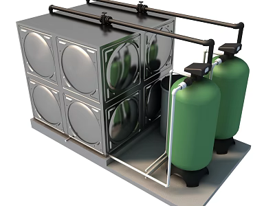 Public Water Supply Equipment With Silver Metal Storage Tanks And Green Pressure Vessels 3d model