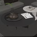 Modern Round Coffee Table With Decorative Tray Books And Plant Vase In Living Room