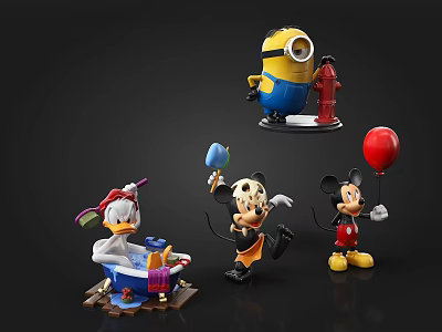 Adorable Collectible Character Dolls Featuring Minion Fire Hydrant Donald Duck Bathtub And Mickey Mouse Balloon 3d model