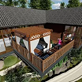 Rustic Wooden Houses With Balconies And Greenery Under Clear Blue Sky