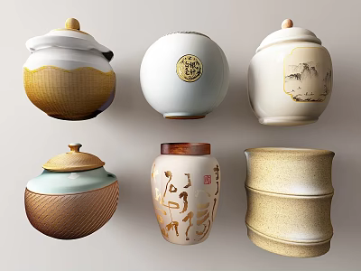 Traditional Ceramic Tea Canisters With Various Patterns And Decorative Designs 3d model