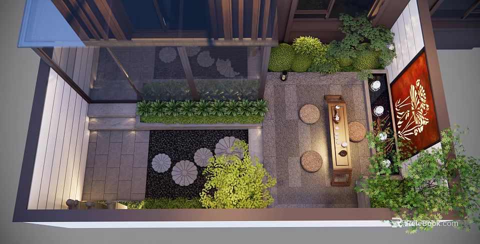 Garden Landscape Design With Lush Green Plants Stone Paths And Outdoor Seating Area 3d model 