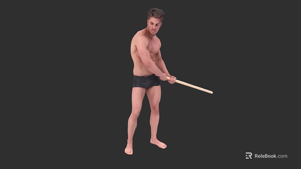 A Shirtless Man Wearing Black Shorts Barefoot Holding Wooden Stick Against Black Background 3d model 