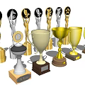 Gold And Silver Trophy Collection With Statue Top And Cup Shaped Designs On Various Bases