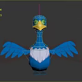Blue Cartoon Bird 3D Model With Green Eyes Yellow Beak Open Wings And White Chest
