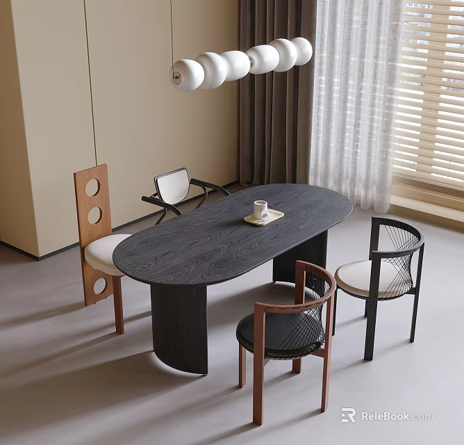 Modern Interior Oval Wooden Table And Chairs Set With Pendant Light And Curtains 3d model 