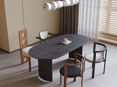 Modern Interior Oval Wooden Table And Chairs Set With Pendant Light And Curtains 3d model