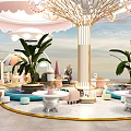 Vibrant Playground Featuring Cartoon Sculpture Pink Counter Striped Umbrella Green Plants And Decorative Houses