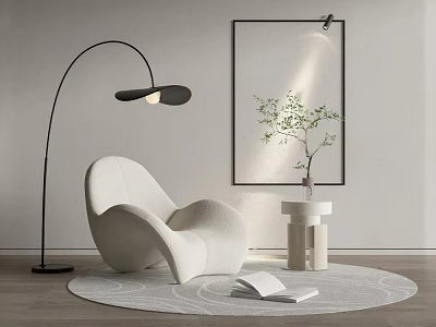 Plush Modern Leisure Chair With Floor Lamp Artwork Side Table And Plant On Round Rug 3d model