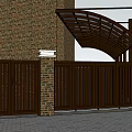 Modern Pergola Structure With Brick Wall And Brown Gates On Stone Pavement
