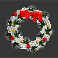 Festive Christmas Wreath Decorated With Green Leaves Red Bow And Ornaments On Dark Background