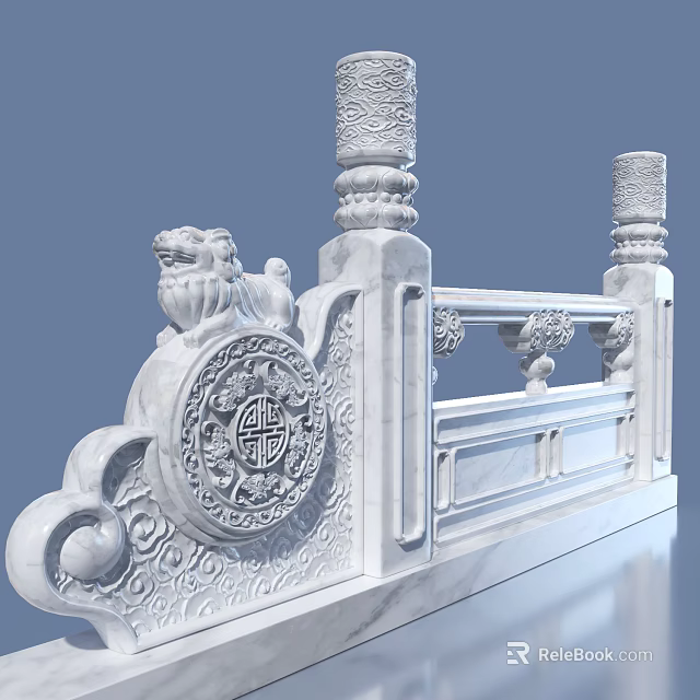 Traditional Chinese Stone Balustrade With Carved Lion Intricate Fu Character Patterns And Decorative Pillars 3d model 