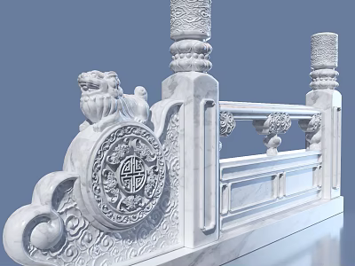 Traditional Chinese Stone Balustrade With Carved Lion Intricate Fu Character Patterns And Decorative Pillars 3d model