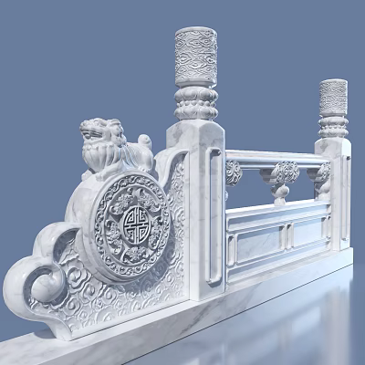 Traditional Chinese Stone Balustrade With Carved Lion Intricate Fu Character Patterns And Decorative Pillars 3d model