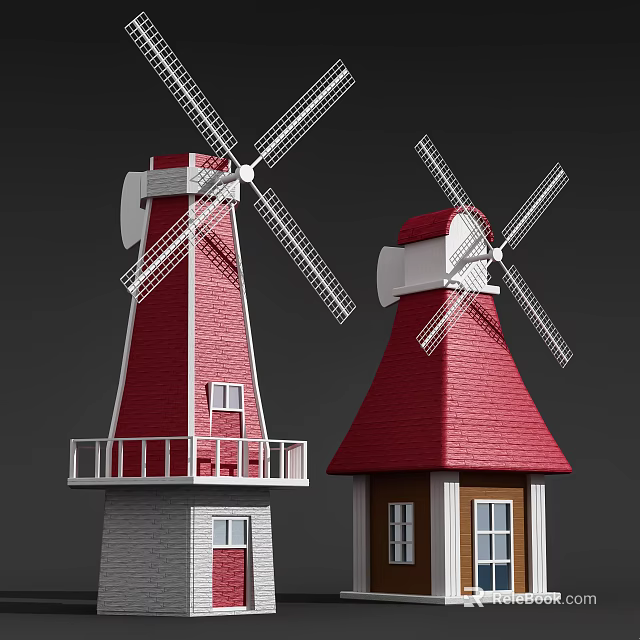 Traditional Windmill Architectural Structures With Red Roofs White Blades And Wooden Frames 3d model 