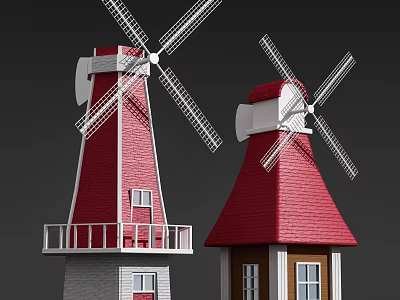 Traditional Windmill Architectural Structures With Red Roofs White Blades And Wooden Frames 3d model