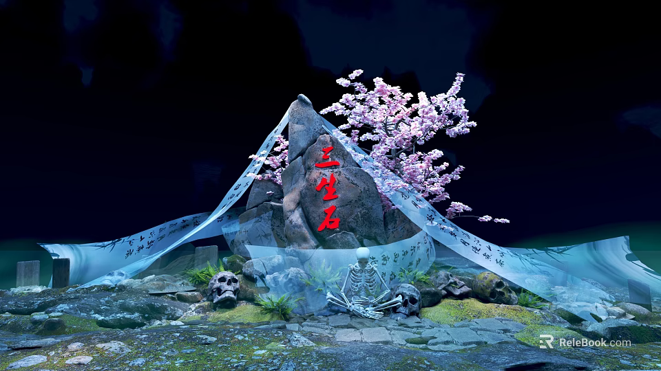 Cartoon Scene of Stone Stele with Sansheng Stone Cherry Blossom Tree Skeleton and Ribbons 3d model 