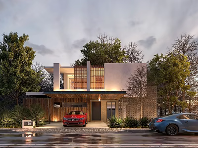 Modern Detached Villa Exterior with Trees Greenery Cars and Illuminated Entrance 3d model
