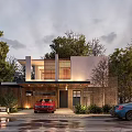 Modern Detached Villa Exterior with Trees Greenery Cars and Illuminated Entrance