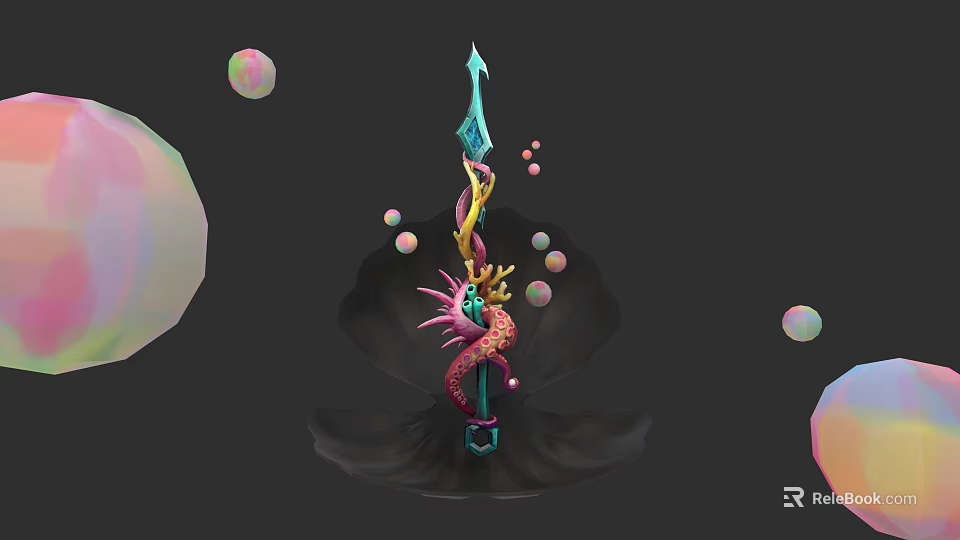 Fantasy Ornate Dragon Decorated Blue Pink Weapon With Colorful Floating Bubbles 3d model 