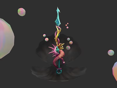 Fantasy Ornate Dragon Decorated Blue Pink Weapon With Colorful Floating Bubbles 3d model