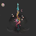 Fantasy Ornate Dragon Decorated Blue Pink Weapon With Colorful Floating Bubbles