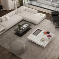Elegant Modern Living Room With White L Shaped Sofa And Marble Top Coffee Table Set