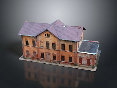 Detailed Old Red Brick Building Model With Purple Roof And Multiple Weathered Windows 3d model
