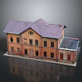 Detailed Old Red Brick Building Model With Purple Roof And Multiple Weathered Windows