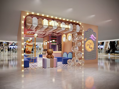 Decorative Hotel Lobby With Pink Beige Tones Bulb Lights Brown Teddy Bear Blue Sofas And Bubbles 3d model