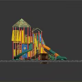Colorful Children's Playground Structure With Slide Climbing Frames And Swings On Green Lawn