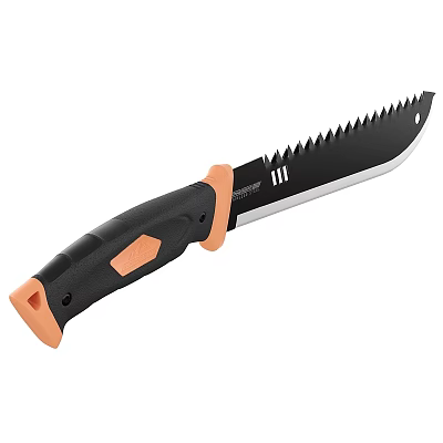 Durable Serrated Blade Hardware Tool with Black and Orange Handle for Cutting Tasks 3d model