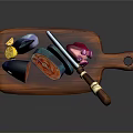 Wooden Cutting Board Display With Sliced Fish Decorative Bottle And Yellow Object