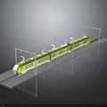 Green and Yellow Electric Train with Multiple Carriages on Railway Track and Overhead Catenary System