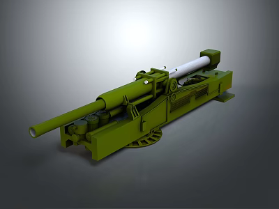 Green Military Artillery Gun Featuring Long Barrel Carriage And Wheels Design 3d model