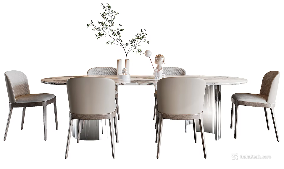 Modern Dining Table Set with Round Marble Tabletop and Light Gray Chairs and Green Plant 3d model 