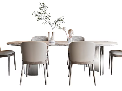 Modern Dining Table Set with Round Marble Tabletop and Light Gray Chairs and Green Plant 3d model