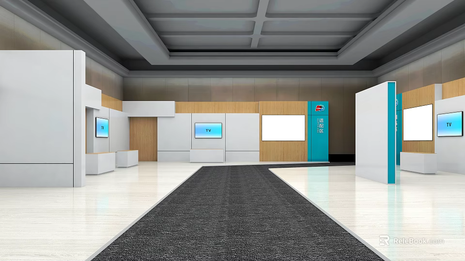 Modern Hall Interior With Gray Carpet White And Wooden Walls Blue Equipment And Screens 3d model 