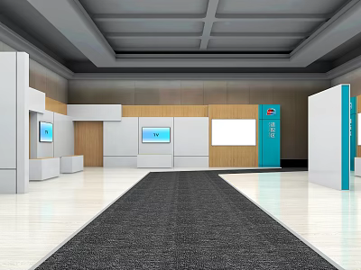Modern Hall Interior With Gray Carpet White And Wooden Walls Blue Equipment And Screens 3d model