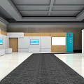 Modern Hall Interior With Gray Carpet White And Wooden Walls Blue Equipment And Screens