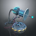 Futuristic Sci Fi Weapon With Blue Glowing Parts Circular Base And Warning Stripes