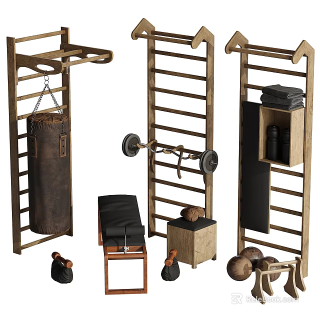 Home Gym Sports Equipment With Wooden Rack Punching Bag Barbell Dumbbells And Storage 3d model 