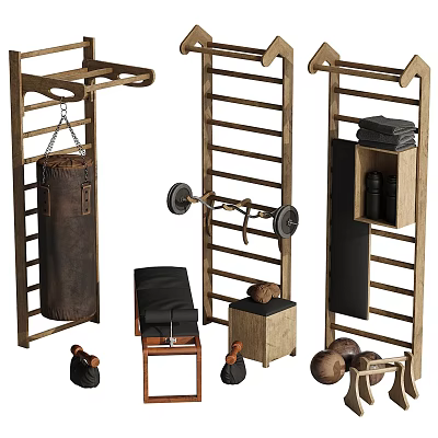 Home Gym Sports Equipment With Wooden Rack Punching Bag Barbell Dumbbells And Storage 3d model