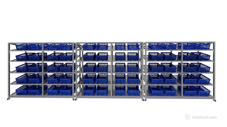 Metal Storage Shelves With Multiple Layers And Blue Plastic Baskets 3d model