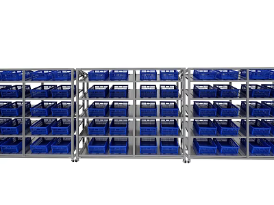 Metal Storage Shelves With Multiple Layers And Blue Plastic Baskets 3d model
